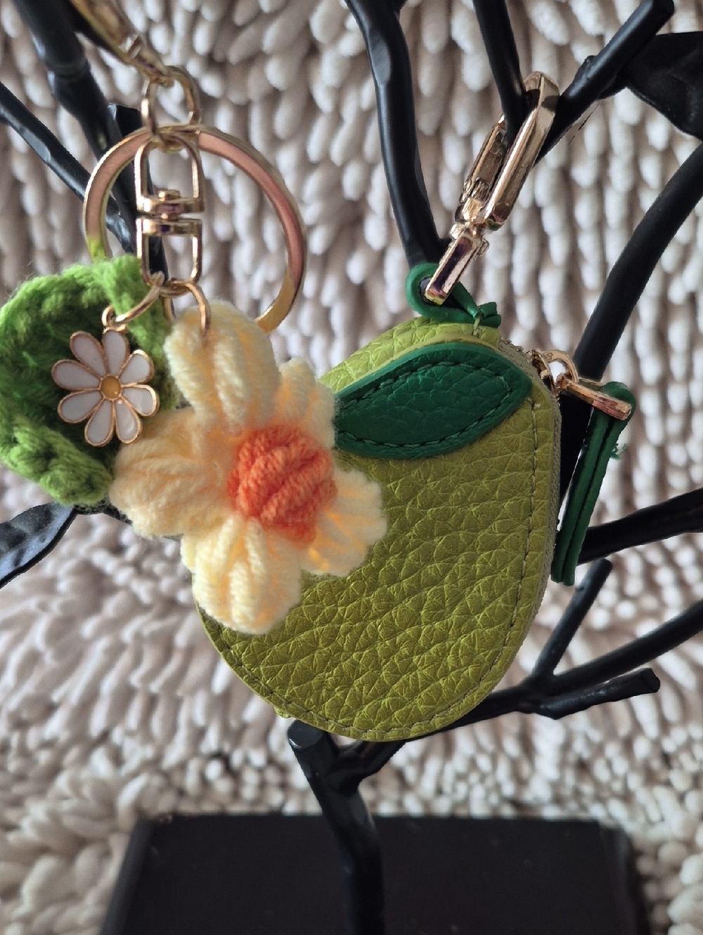 Pear Coin Pouch Keychain AND Crocheted Floral Charm Keychain
